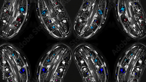 Abstract pattern of futuristic metallic objects with colorful gemstones image photo