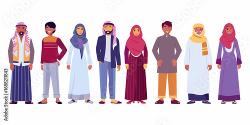 Diverse group of men and women in traditional and modern islamic clothing standing together
