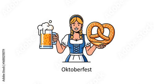 A cheerful German waitress in a traditional Bavarian costume serving a handmade salty pretzel and a glass of cold lager beer