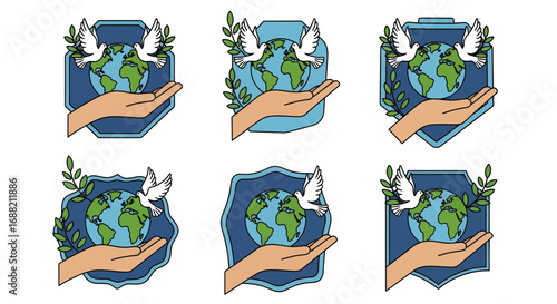 A collection of vector illustrations depicting hands holding the Earth with a peace dove, symbolizing global harmony and environmental care