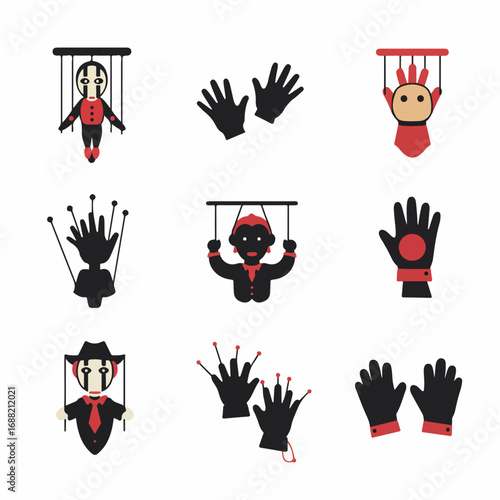 Stylized Puppet and Hand Glove Vector Icons Representing Theatrical Arts, Control, and Entertainment Concepts