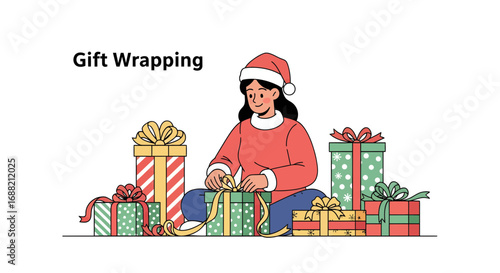 A charming vector illustration of a happy woman getting ready for Christmas, wrapping a stack of presents with decorative paper and bows