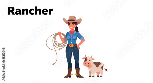Female Rancher with Cow An Illustrated Depiction of Western Ranch Life