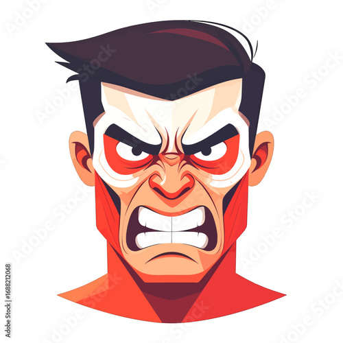Aggressive Man Face With Frowning Eyes And Clenched Teeth On White Background Illustration Style Red Accents Vector Character Portrait