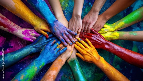 Fototapeta Naklejka Na Ścianę i Meble -  Many arms and hands painted in various colors are stacked on top of each other, creating a vibrant and symbolic image.