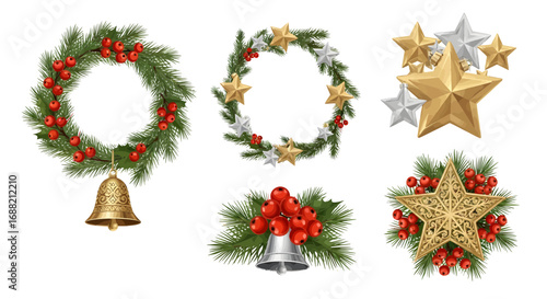 Festive Christmas Wreath Decorations with Golden Stars and Red Berries