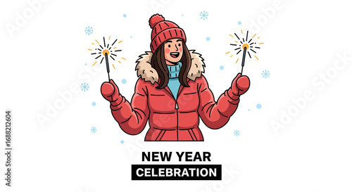 Vector illustration of a happy young woman in a red winter jacket and hat celebrating the holidays with sparklers in her hands