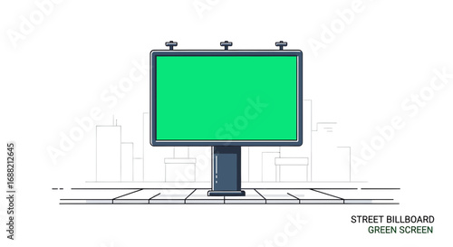 Blank urban advertising billboard with a green chroma key screen for mockups. Flat line art vector illustration of a city roadside sign