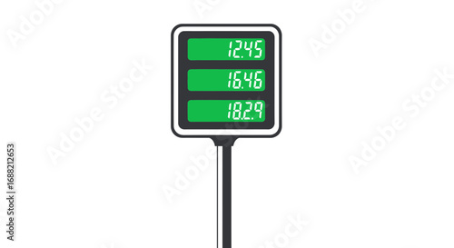 Vector illustration of an electronic information board with a green LED display showing financial data or prices
