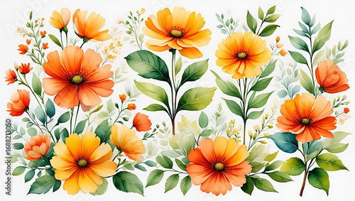 Assortment of Orange and Yellow Daisy-like Flowers with Green Leaves floral orange flowers