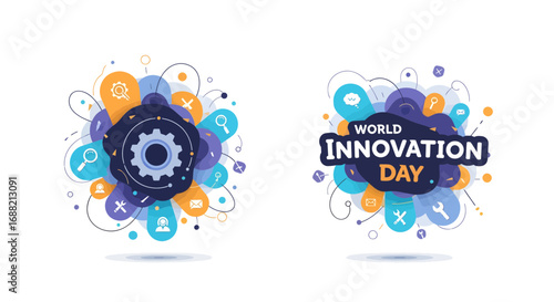 Conceptual vector art banner for global creativity and development, showcasing technology icons like gears and lightbulbs in a modern abstract design