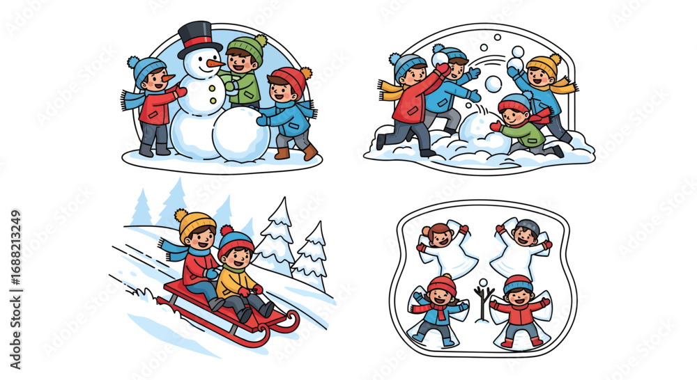 Fototapeta premium Joyful winter scenes with children playing in the snow, featuring a collection of four fun seasonal activities in a cute cartoon style