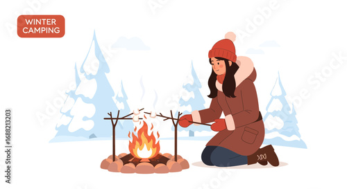 Winter camping scene with a person warming hands by a campfire in a snowy forest
