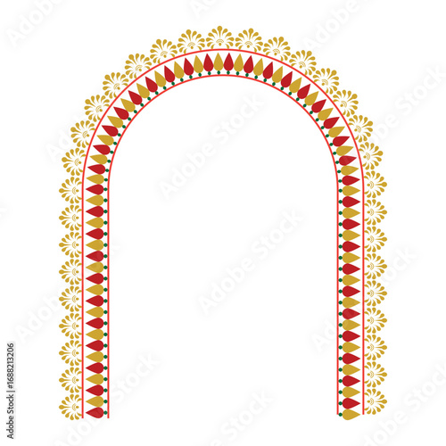 Decorative arch frame with golden pattern. Ornamental arch-shaped frame in red and gold design, featuring floral and geometric details, ideal for invitations, posters, or festive art. Durga Puja Frame