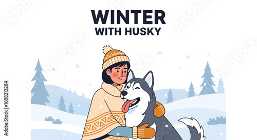 Heartwarming vector illustration of a person and their beloved husky sharing a warm embrace in a snowy winter landscape