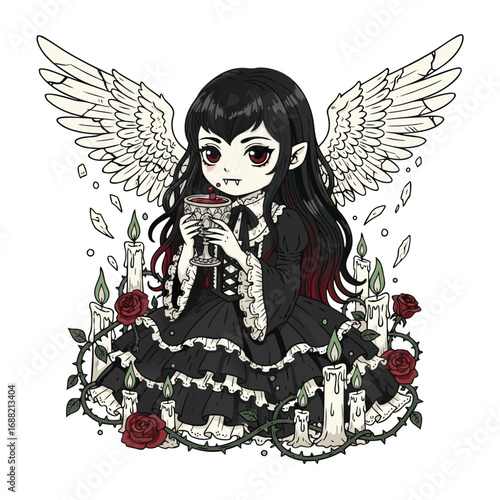 Chibi vampire with wings holds a chalice filled with blood.