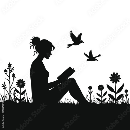Silhouette of woman reading book in grassy field with flowers and birds