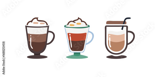 Set with different types of coffee drinks on white background
