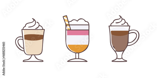 Set with different types of coffee drinks on white background
