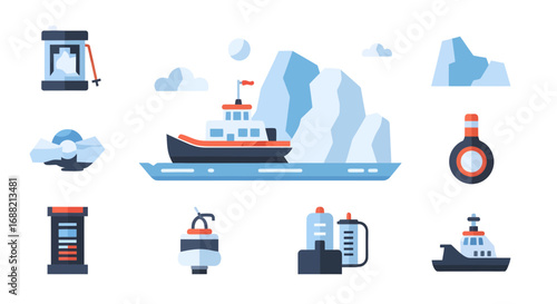 A collection of flat vector icons representing arctic maritime exploration, polar research, and scientific equipment