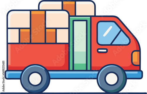Red delivery truck carrying multiple stacked cardboard boxes ready for shipping and logistics