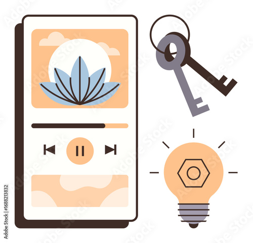 Smartphone displaying meditation app, vintage keys symbolizing new opportunities, and a glowing light bulb representing creativity. Ideal for personal growth, mindfulness, innovation, inspiration