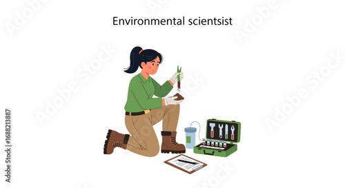 Ecologist at work, a female scientist carefully analyzing a soil sample and plant specimen. Vector concept of environmental research and fieldwork