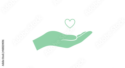 Minimalist vector icon of an open hand holding a delicate heart, symbolizing love, charity, kindness, and compassionate support