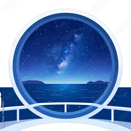 Pixel Art Night Sky View through Round Window with Milky Way Over Dark Blue Ocean and White Frame
