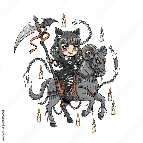 Chibi girl with cat ears riding a demonic ram horse with a scythe.