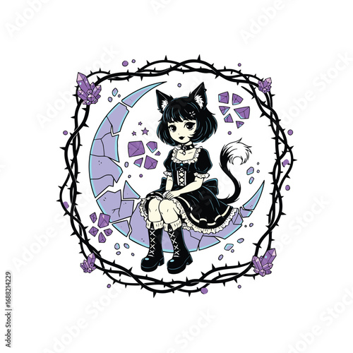 Gothic cat girl sitting on a broken moon surrounded by thorns.