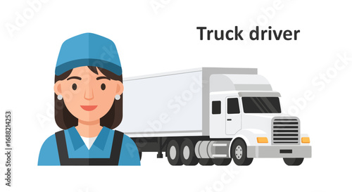 Vector illustration of a professional female truck driver character. A smiling woman in uniform standing proudly next to her large commercial semi-truck