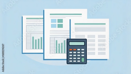 Illustration of financial documents and a calculator on a light blue background, symbolizing accounting and data analysis.