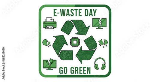 Eco-friendly concept art illustrating the recycling of discarded electronics, a green hand-drawn vector emblem for environmental awareness