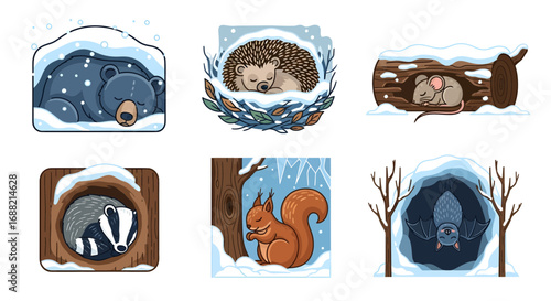 A collection of cute cartoon animals hibernating in their dens during the cold winter season