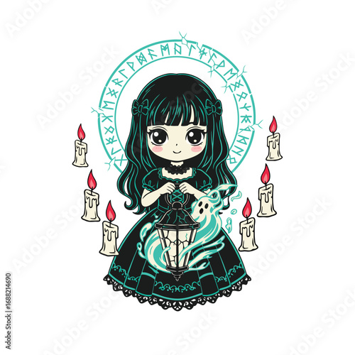 Cute gothic girl holding a lantern with a ghost and candles.