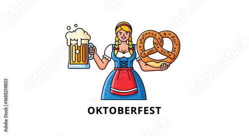 A smiling woman in a traditional Bavarian dirndl costume holding a frothy beer stein and a classic German pretzel for a folk festival celebration