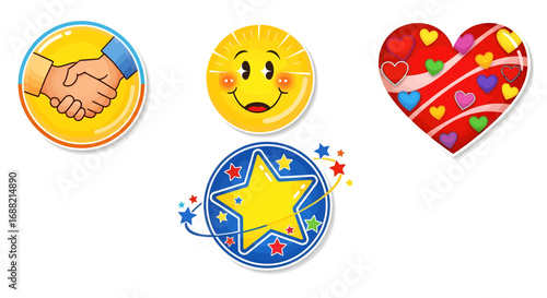 Vibrant collection of positive reinforcement icons including a handshake, smiling sun, love heart, and achievement star illustration