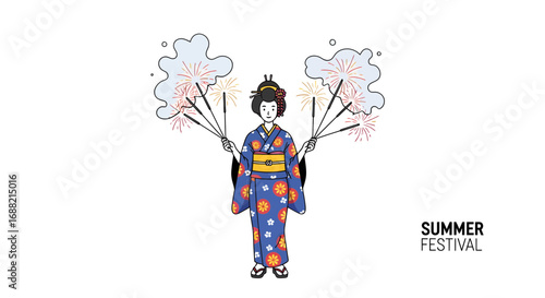 Vector illustration of a woman in a traditional blue yukata celebrating a Japanese summer matsuri with hanabi fireworks