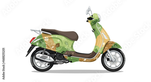Whimsical scooter artwork adorned with nature-inspired designs and warm color