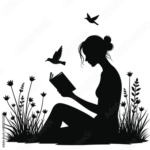 Silhouette of woman reading book surrounded by flowers and birds