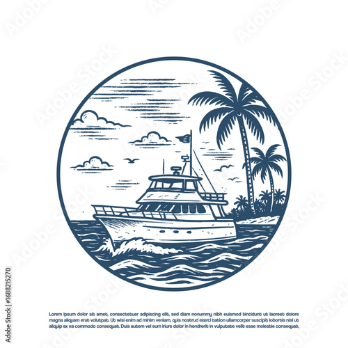 Hand drawn luxury yacht and beautiful island in the background vector