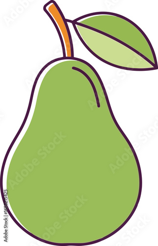 Fresh green pear fruit with stem and leaf simple vector illustration healthy food concept vector