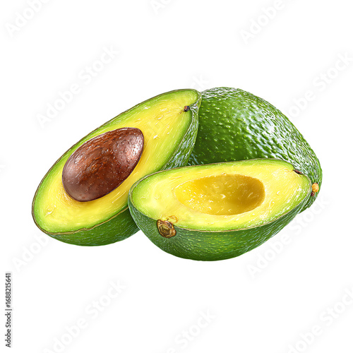 Freshly cut avocados with vibrant green flesh and brown seed, perfect for healthy eating and culinary use, juicy and ripe