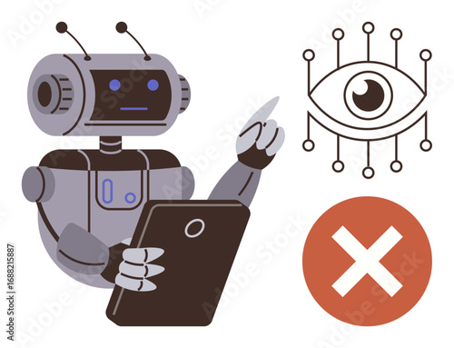 Robot using a touchscreen tablet, pointing towards an eye symbol with connected nodes and a red restriction cross. Ideal for AI ethics, technology limitations, surveillance, privacy, data security