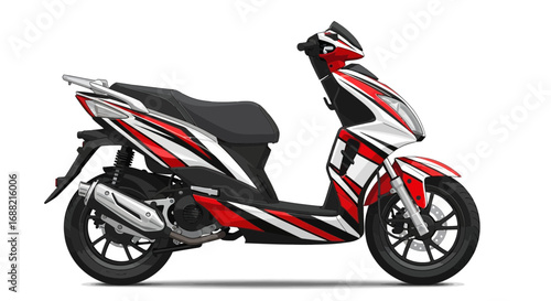 Illustration of a scooter with dynamic red and white graphics design