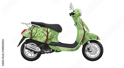 Illustrative green scooter with tree motif representing eco-friendly transport