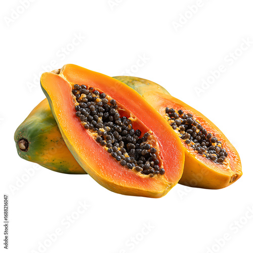 Vibrant papaya halves reveal juicy pulp and black seeds, ideal for healthy eating, smoothies, and tropical cuisine