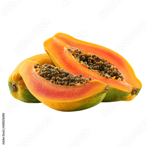 Vibrant papaya halves showcasing juicy flesh and dark seeds, perfect for healthy eating, smoothies, or commercial food visuals