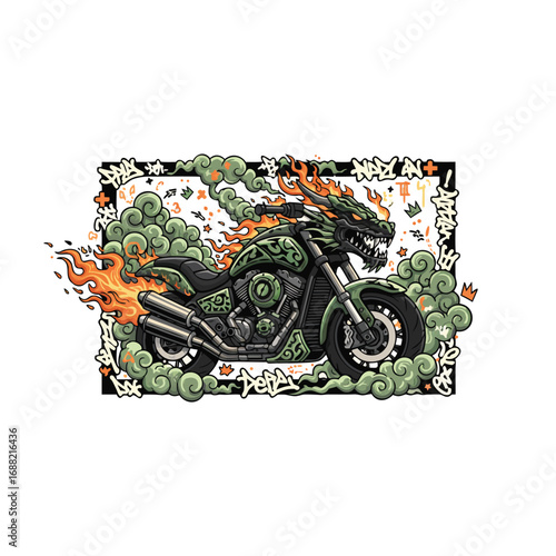 A fierce dragon motorcycle spews fire and smoke, surrounded by graffiti.